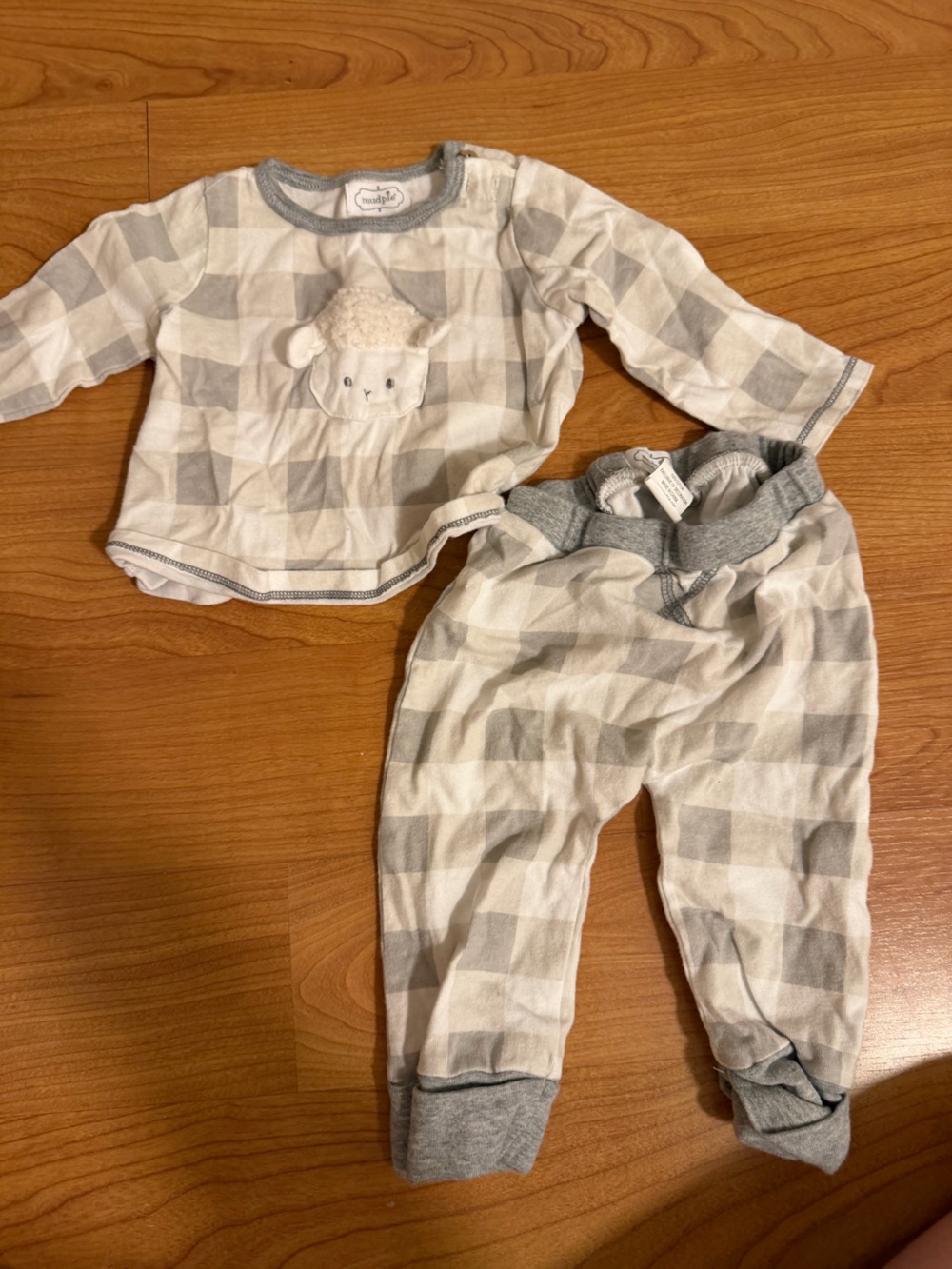 Mud Pie Gray and Cream Plaid Baby One-Piece with Lamb Applique